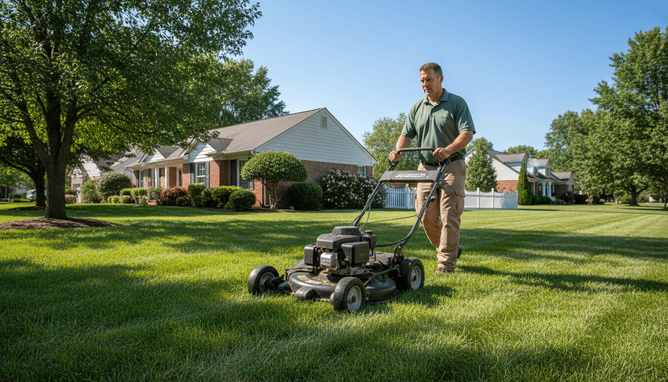 Professional landscaper pushing a lawn mower across a green lawn in a sunny suburban yard