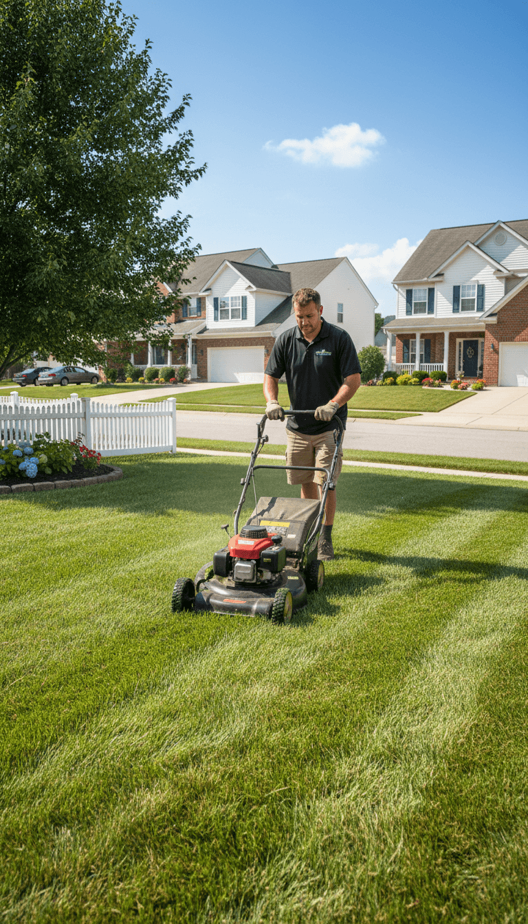 Mow and Grow team member mowing a lush green lawn in Collegeville