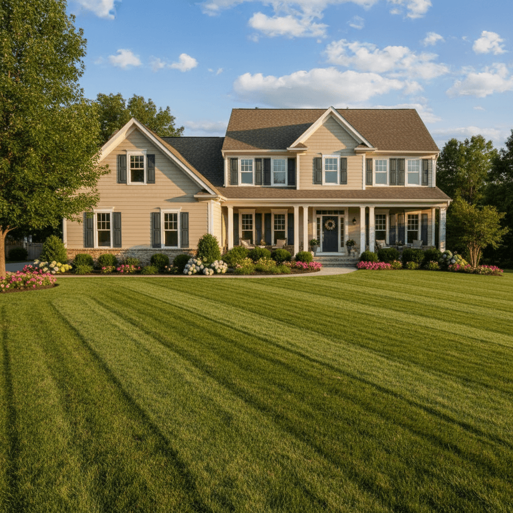 cleanly mowed lawn with neat stripes pattern in front of suburban house