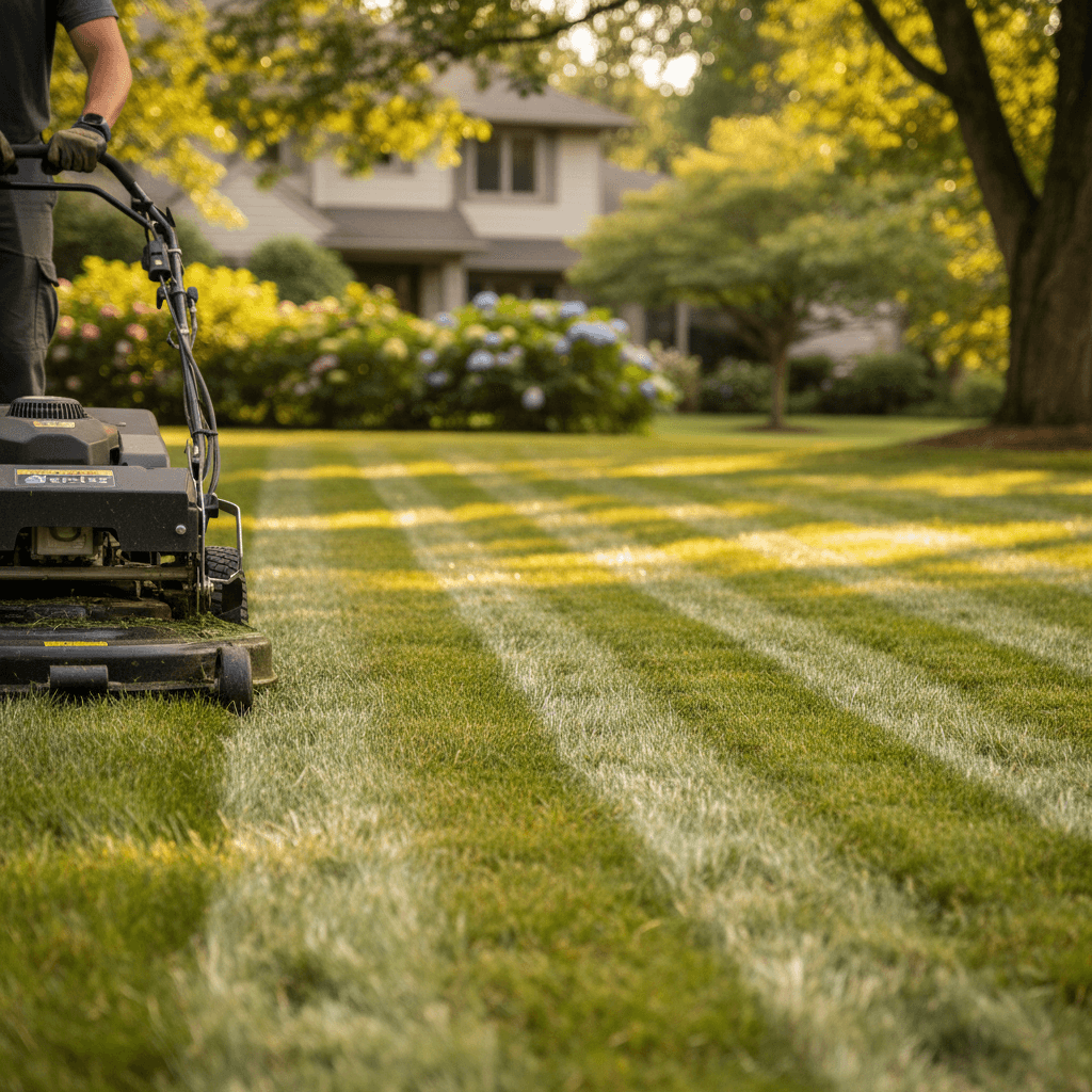 Lawn mower on freshly cut grass