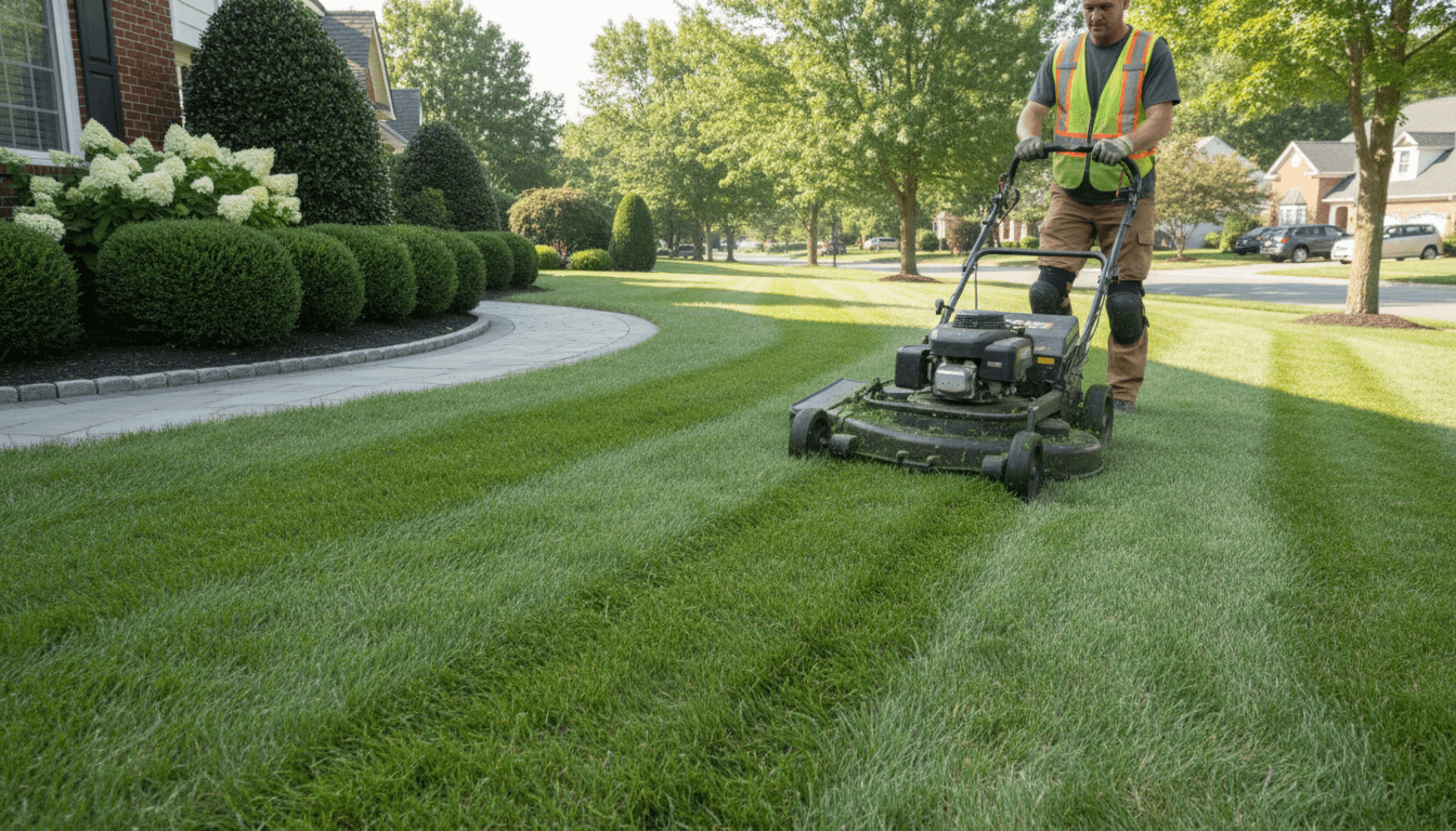 Mow and Grow mower cutting grass in a Collegeville front yard