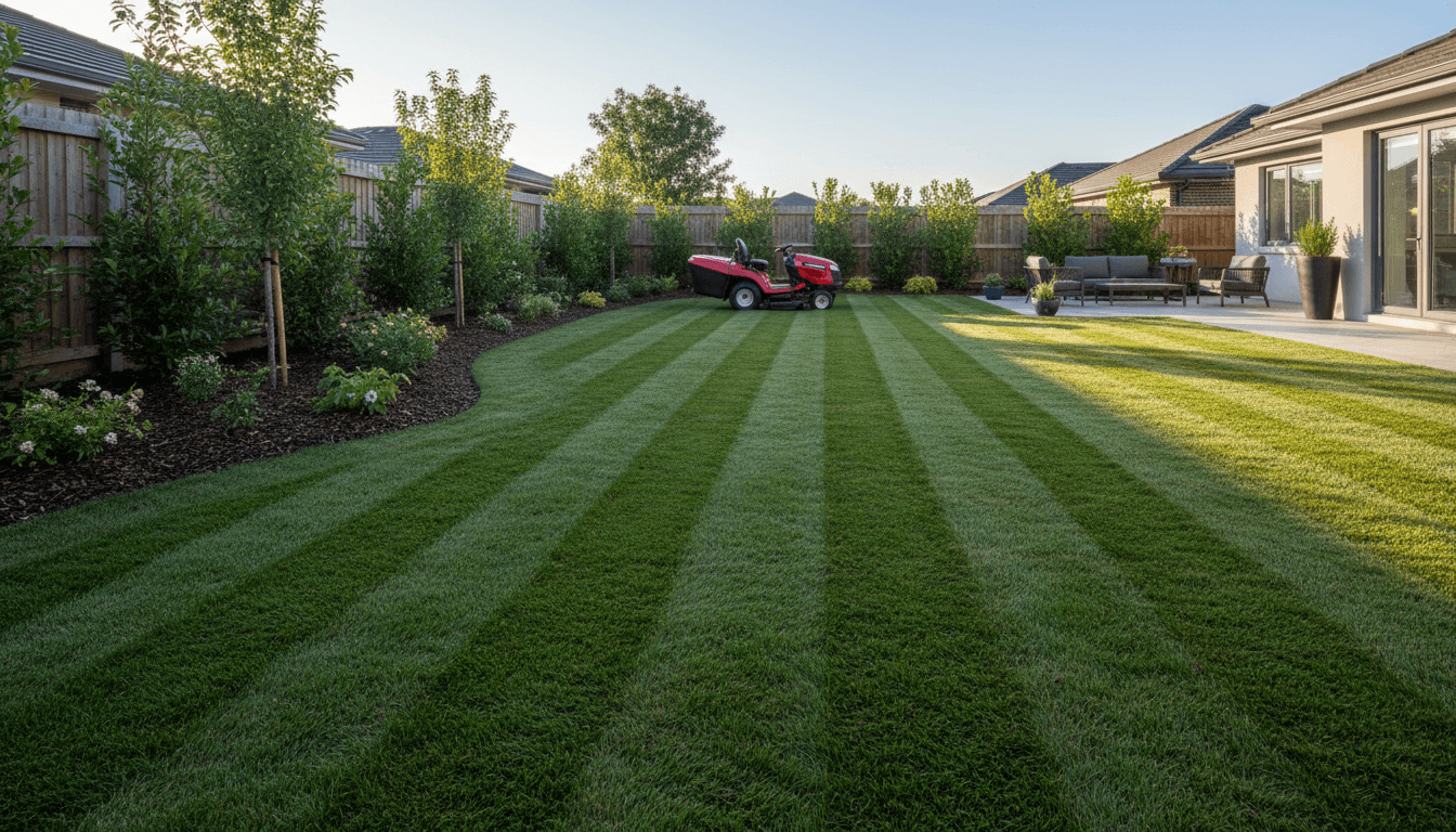 A neatly striped front lawn after a fresh mow