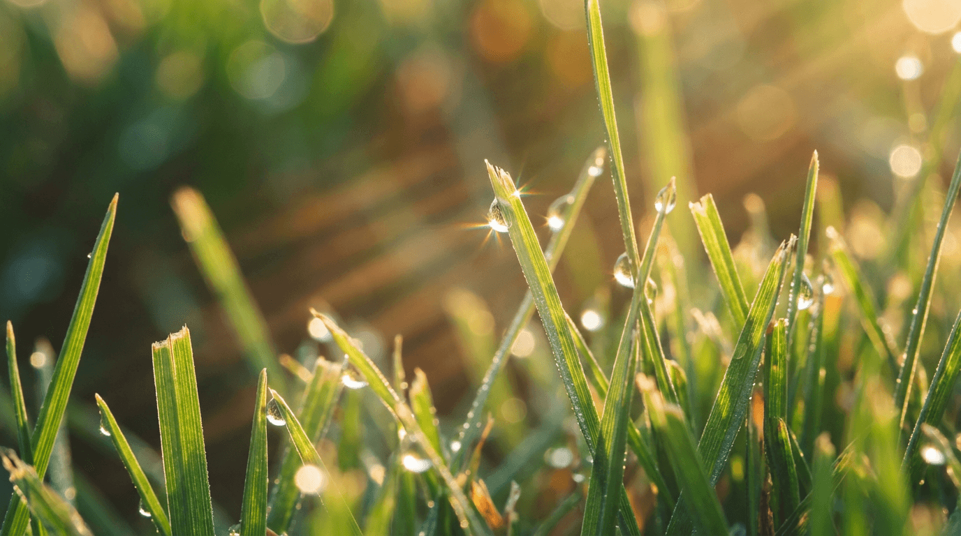 Close-up of freshly cut grass with dew drops in morning light
