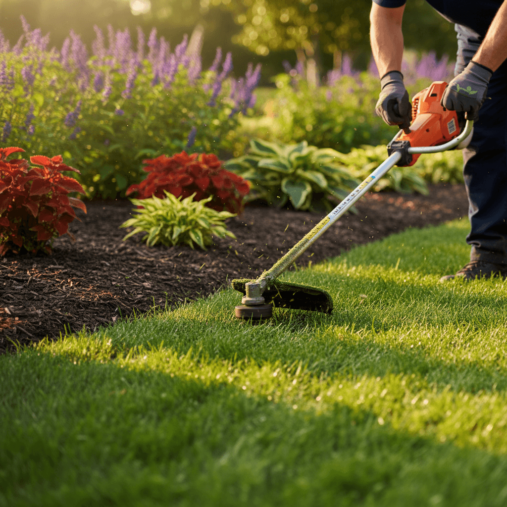 Landscaper blowing clippings off a walkway