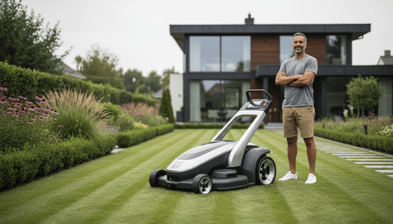 Lawn mower on green grass, ready for mowing