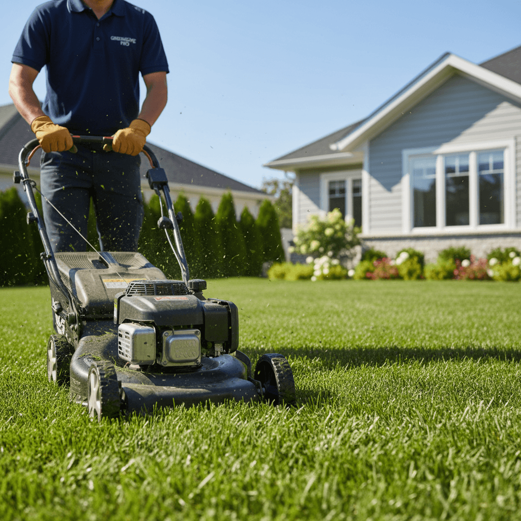 Matteo mowing a lawn in Collegeville